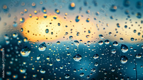 A window is covered in transparent raindrops  with a focus on the droplets.