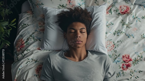 A woman is laying in bed with her eyes closed, resembling humans sleeping in pods, captured in a dream medium portrait with soft diffusion.