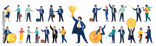 Flat vector illustration. Set off business people in the process of work. Diverse men and women solving business problems, doing work assignments, explaining presentation, clerks doing office tasks
