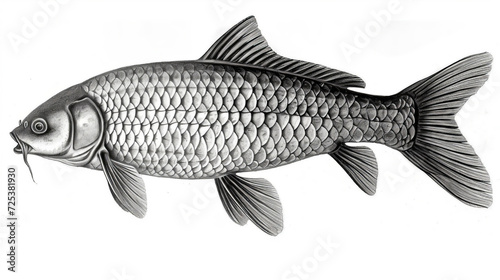 A black and white drawing of a fish, inspired by an artist, is presented in a scientific illustration, resembling an ancient fish.