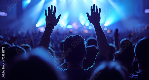 Man enthusiastically raises his arms in air  caught in moment of lively concert. Excitement and energy of live music events. Vibrant atmosphere of concerts and joy of being part of crowd