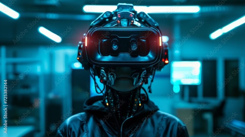 A woman, wearing a futuristic helmet in a room, is equipped with a cyberpunk or VR helmet. A woman, wearing a futuristic helmet in a room, is equipped with a cyberpunk or VR helmet.