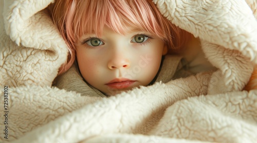 A beautiful pink little girl, a cute girl with short pink hair, is under a blanket, captured in a realistic portrait. © Duka Mer
