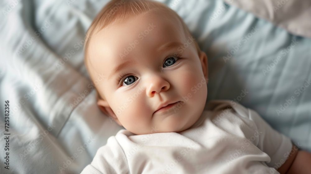 A baby with a beautiful oval face and soft features is laying on a bed, showcasing two adorable light grey-blue eyes. A baby with a beautiful oval face and soft features is laying on a bed, showcasing two adorable light grey-blue eyes.