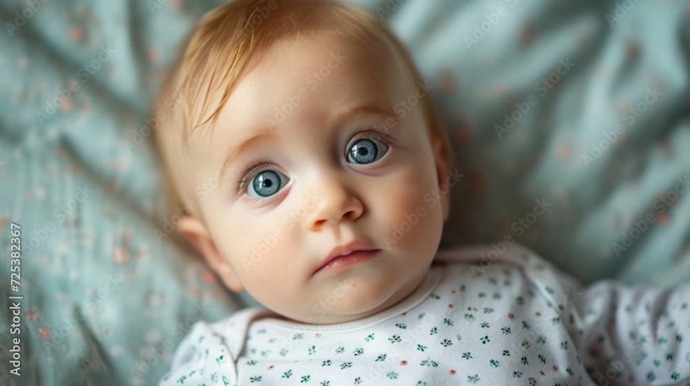 A baby with beautiful detailed blue eyes, possibly big blue eyes, is laying on a bed. A baby with beautiful detailed blue eyes, possibly big blue eyes, is laying on a bed.