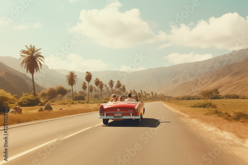 Chase sunsets in style with a couple cruising a vintage red convertible down a coastal road – an animated y2k aesthetic journey in blurred Picassoesque hues.