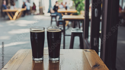 Glass pint of cold draft light lager or dark ale brewed beer with foam on table background. Brewery or pub bar advertising. Oktoberfest festival alcohol beverage or Saint Patricks day drink concept .