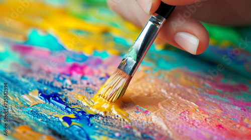 Close-up of a paintbrush adding vibrant yellow to a colorful oil painting. 