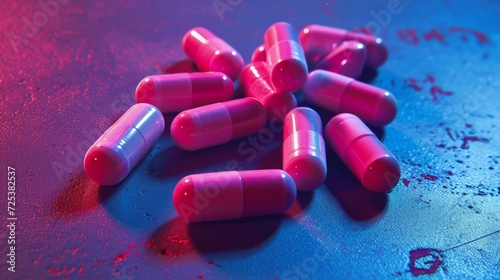 A bunch of pink pills, possibly nootropic stimulants or detailed glowing red implants, is sitting on top of a table, indicating magenta color. photo