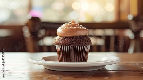 A chocolate cupcake with chocolate frosting is sitting on a white plate on a mocha-colored table.