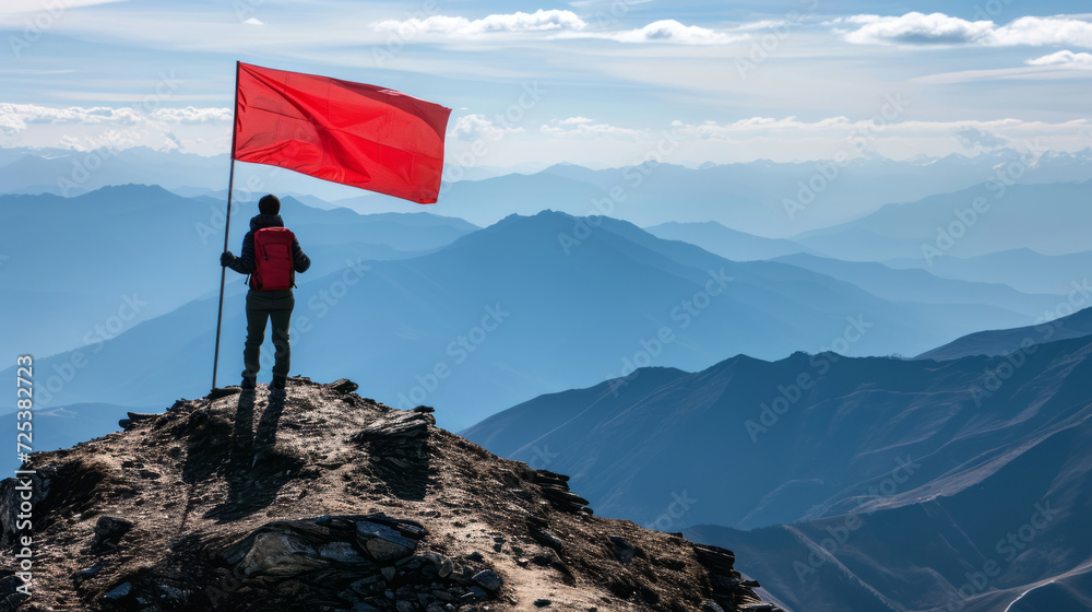 Obraz premium A person is standing on top of a mountain holding a red flag, indicating red banners and red and black flags waving.