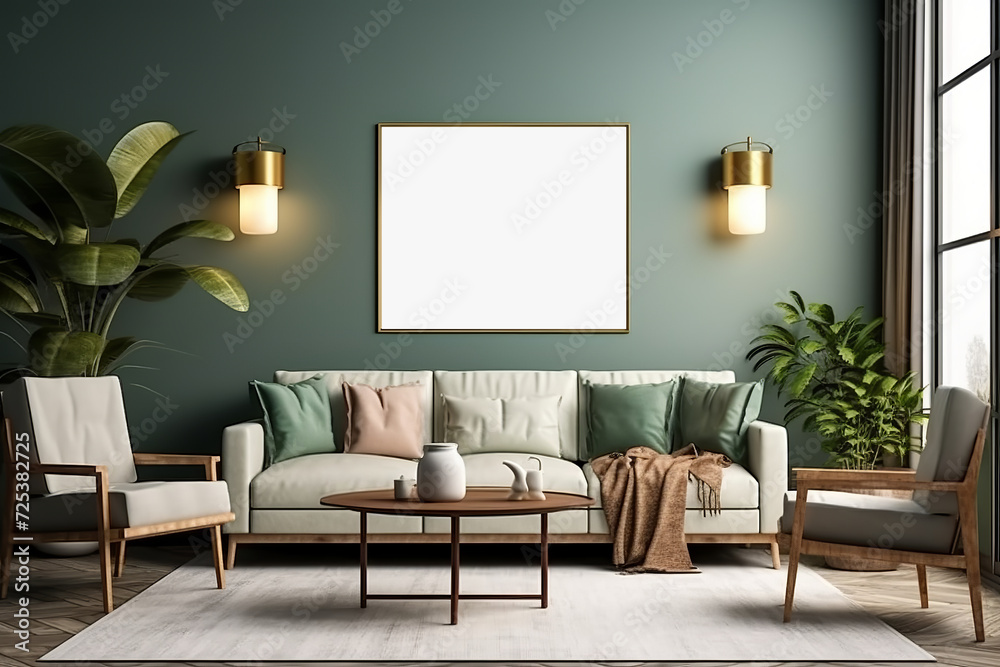 Stylish living room adorned with an abstract frame poster, featuring modern interior design, accompanied by a 3D render and illustration. Made with generative AI technology Stylish living room adorned with an abstract frame poster, featuring modern interior design, accompanied by a 3D render and illustration. Made with generative AI technology