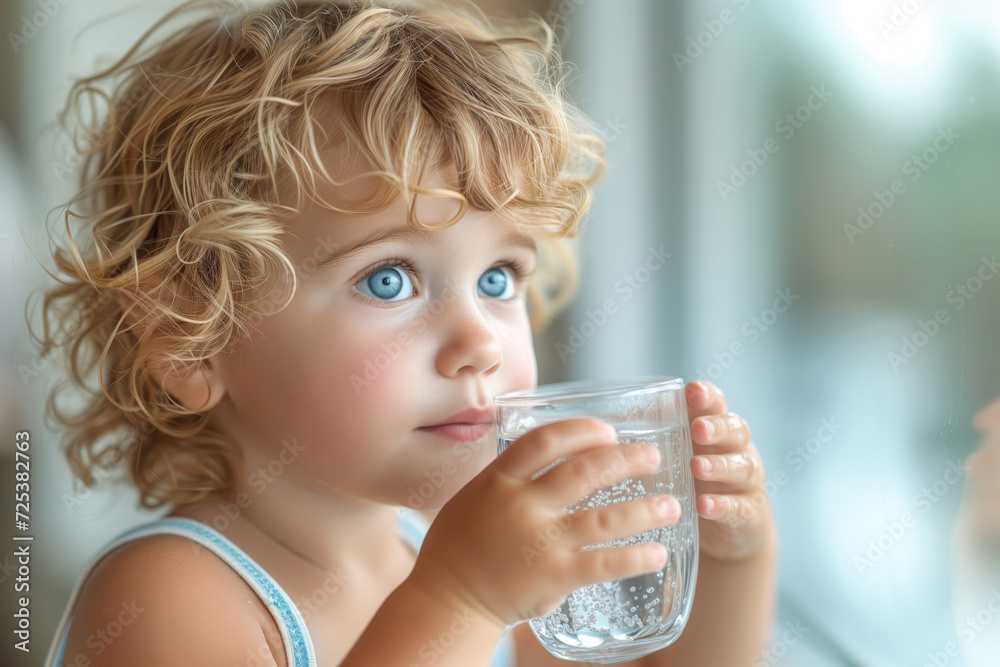 Cute preschool kid holding glass of pure water. Healthy lifestyle for kids.
Cute preschool kid holding glass of pure water. Healthy lifestyle for kids.