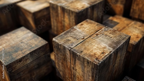 A bunch of wooden blocks, possibly wooden crates and barrels, is stacked on top of each other, showcasing a seamless wooden texture and reclaimed lumber.