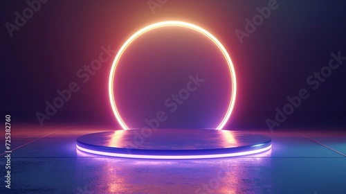 A circle with neon lights is in a dark room, indicating a glowing neon and octane aesthetic.