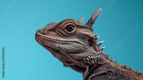 A portrait of a four-legged dragon  resembling an iguana  is set against a blue background.
