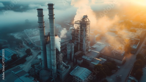 Aerial view of cement factory with high concrete plant structure and tower crane at industrial manufacturing site on foggy evening. Production and global industry concept. photo