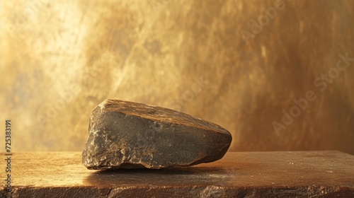A rock, a lump of native gold, is sitting on top of a wooden table, resembling an unrefined sparkling gold nugget and black stone. photo