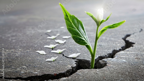 A plant is sprouting out of a crack in the ground, symbolizing rebirth, hope, and an imminent breakthrough.