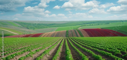 Panoramica View Ofcolorful Fields  and Rows of Currant Bush Seedlings as A Background Composition