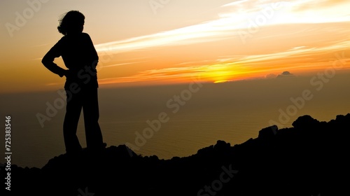 A man and a woman  deeply in love  are standing on top of a mountain at sunset  experiencing a deep sense of spirituality.