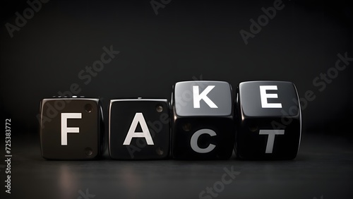 Black dice and fact or fake with April fools day concept on dark background. Misleading and changing communication. April fools day. Realistic 3D render.