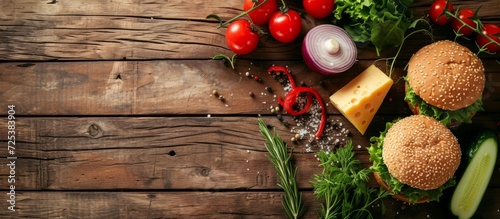 Top view of burger ingredients on rustic wooden table with toned image. photo