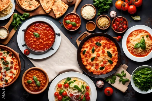 Italian food meals on the table from a top view pizza pasta soup and vegetable salad With copyspace for text