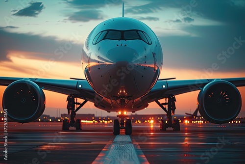 Modern air travel with airplane and aviation focusing on commercial jet at airport runway. Imagery suggests dynamics of flight transportation and intersection of technology and travel