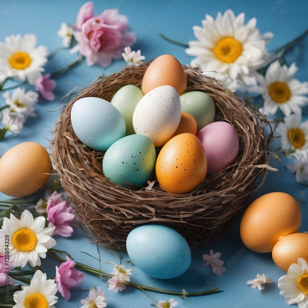 Easter background with colorful eggs in nest on a blue background with flowers. Easter background with colorful eggs in nest on a blue background with flowers.