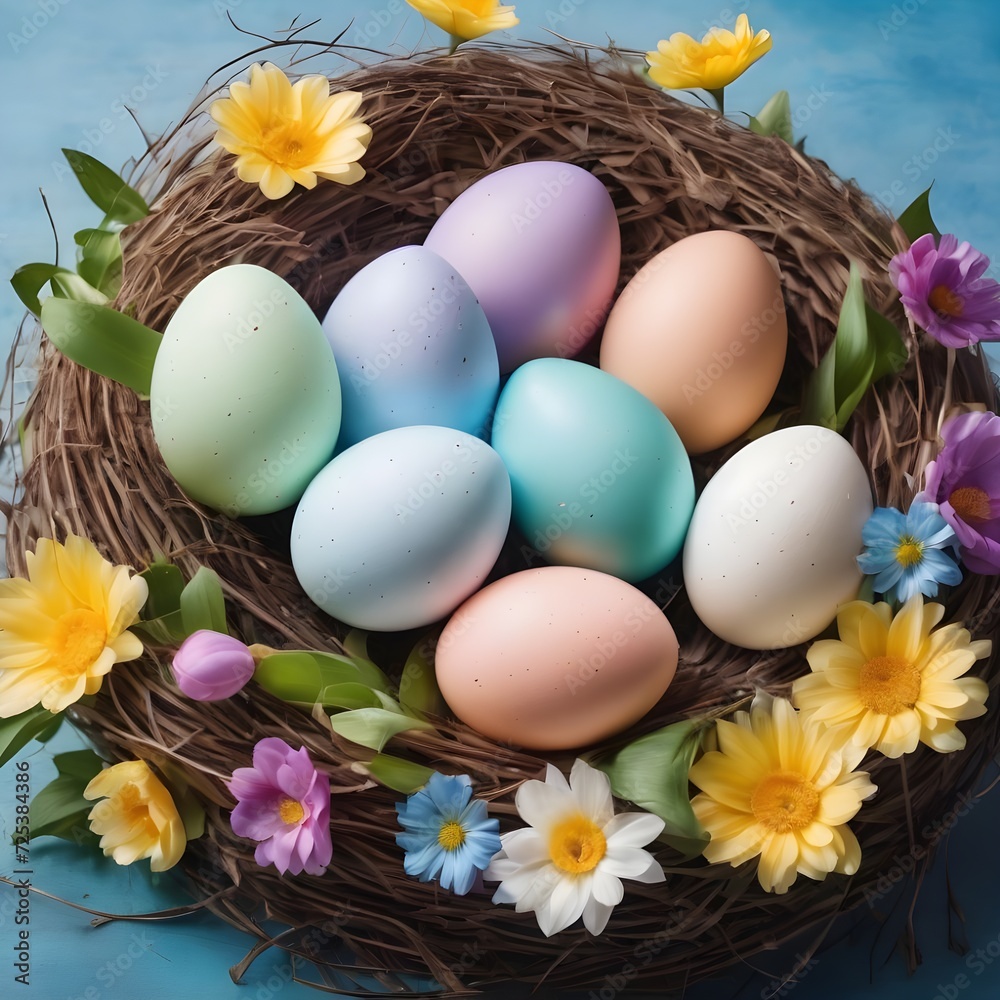 Easter background with colorful eggs in nest on a blue background with flowers. Easter background with colorful eggs in nest on a blue background with flowers.