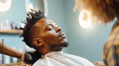 African American man sitting in chair and getting haircut in salon photo