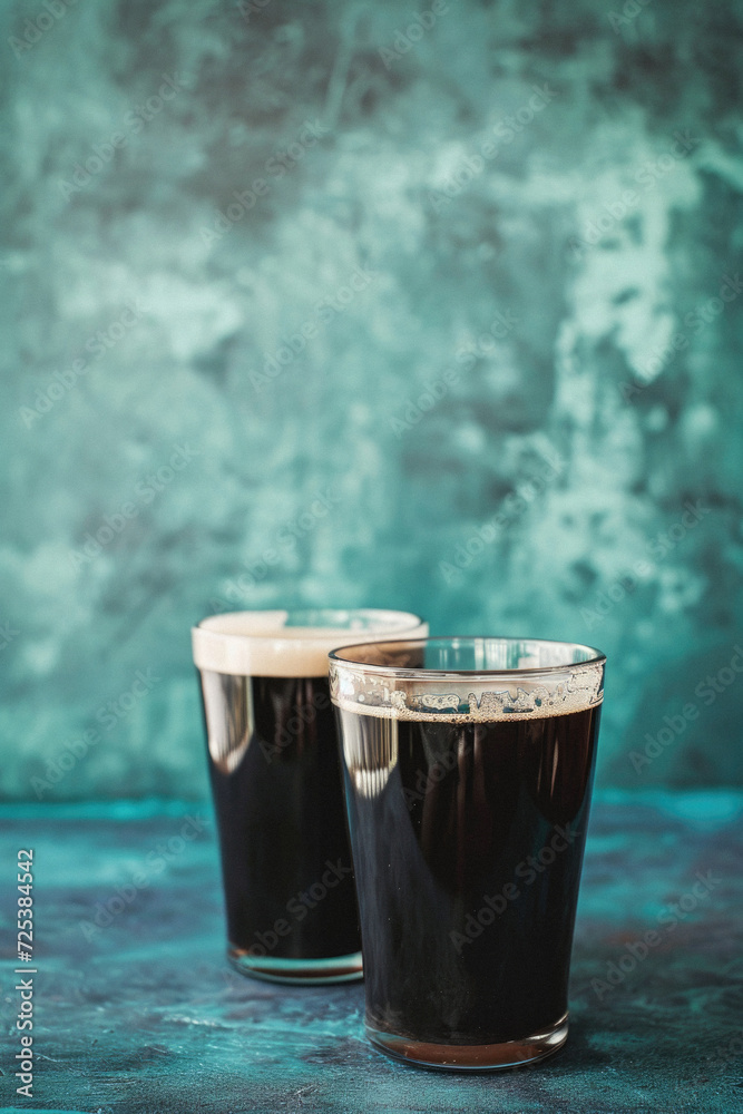 Glass pint of cold draft light lager or dark ale brewed beer with foam on table background. Brewery or pub bar advertising. Oktoberfest festival alcohol beverage or Saint Patricks day drink concept . Glass pint of cold draft light lager or dark ale brewed beer with foam on table background. Brewery or pub bar advertising. Oktoberfest festival alcohol beverage or Saint Patricks day drink concept .