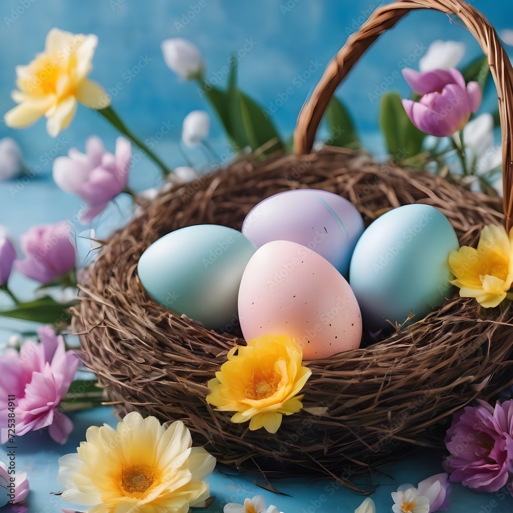Easter background with colorful eggs in nest on a blue background with flowers. Easter background with colorful eggs in nest on a blue background with flowers.
