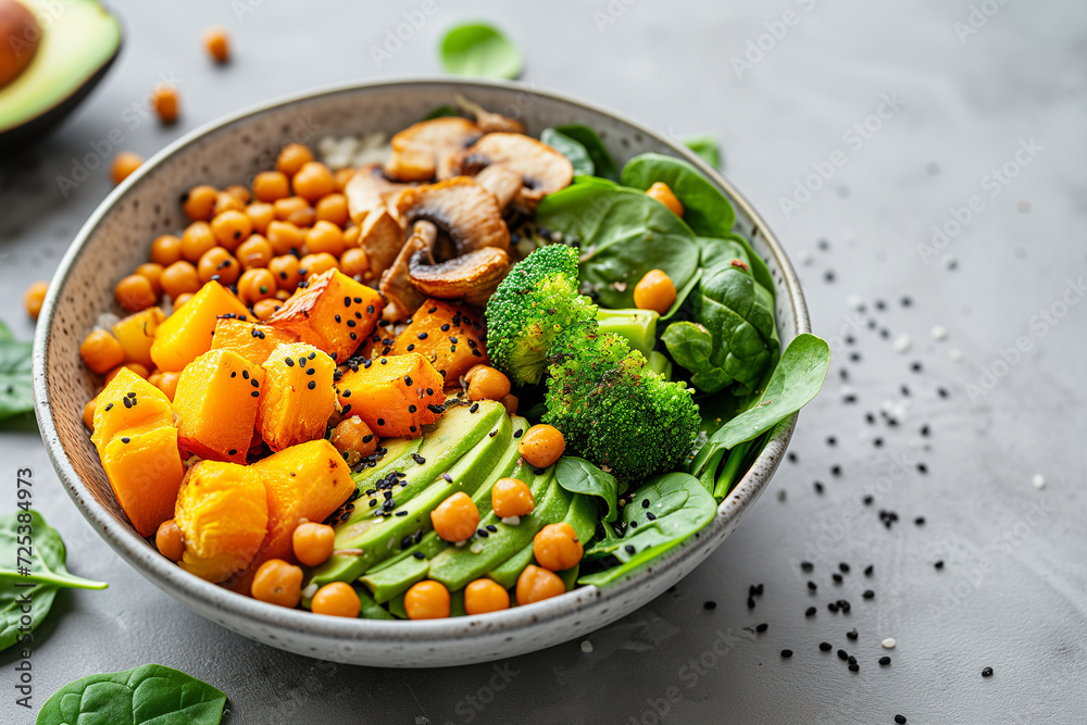 Healthy vegan lunch bowl with avocado, mushrooms and vegetables