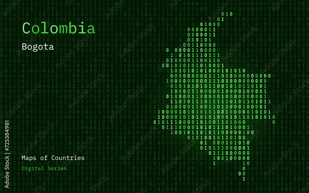 Colombia Map Shown in Binary Code Pattern. TSMC. Green Matrix numbers, zero, one. World Countries Vector Maps. Digital Series