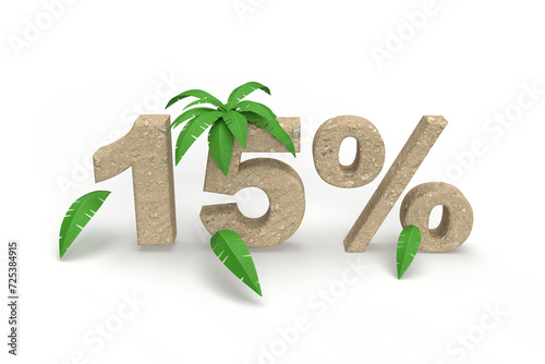 Number 15 percentage made of sand with palm trees for summer vacation. Banner title idea. 3d rendering
