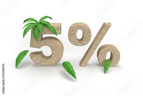 Number 5 percentage made of sand with palm trees for summer vacation. Banner title idea. 3d rendering
