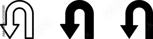 U Turn Go Back Thin and Thick Black Arrow Sign Icon Set. Vector Image. 