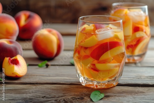 Refreshing Peach Sangria on wooden kitchen background