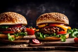 Close up homemade beef burger on wooden table, studio shot with copy space for text