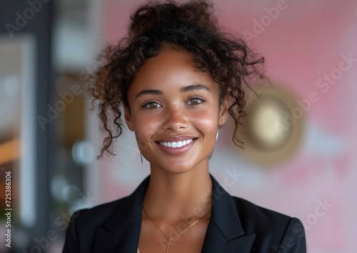 businesswoman, happy smiling Afro female, wearing suit, clean background