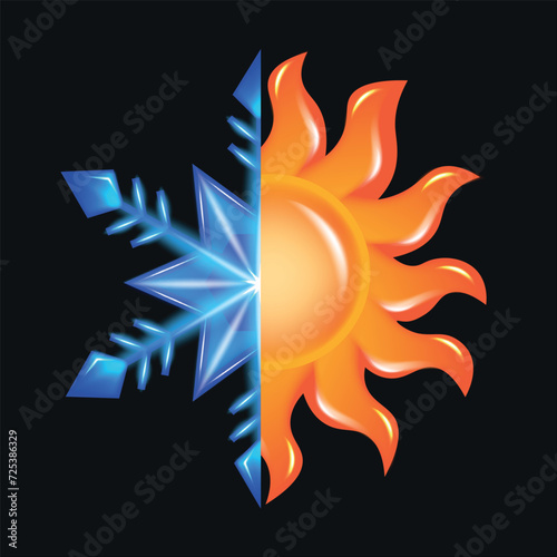 Snowflake and sun icon. Symbol of heat and cold. Vector illustration