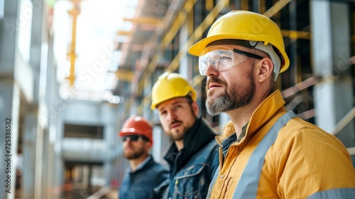 Architect Caucasian man working with colleagues mixed race in the construction site. Architecture engineering at workplace. engineer architect wearing safety helmet meeting