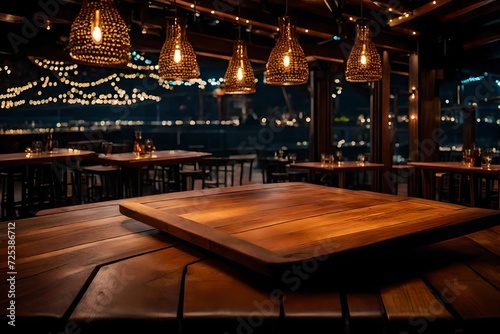 wooden table for placing products with a beautiful night restaurant backdrop, Space for placing items on the table, product and food display