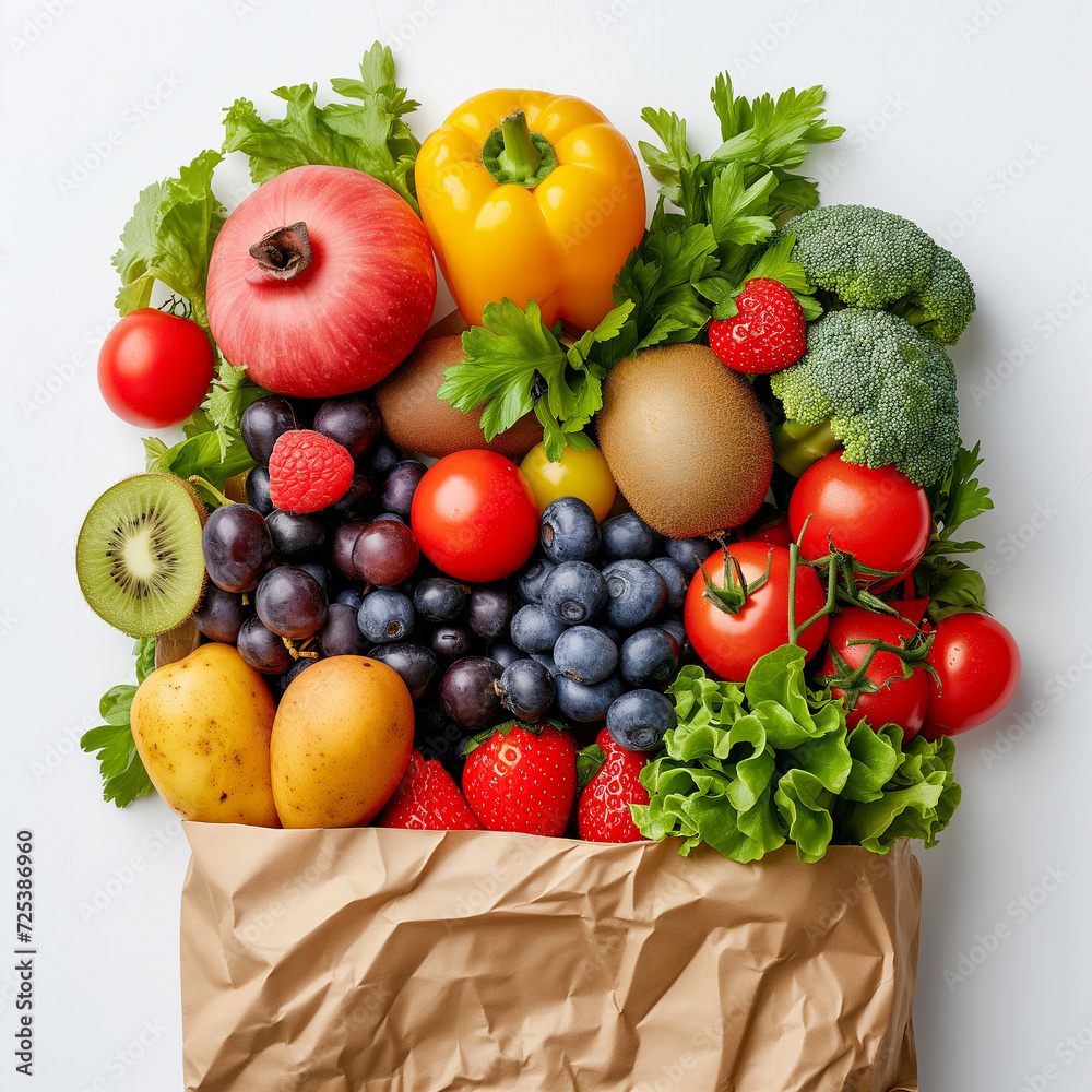 Paper bag with assortment of fresh organic fruits and vegetables on a white background
