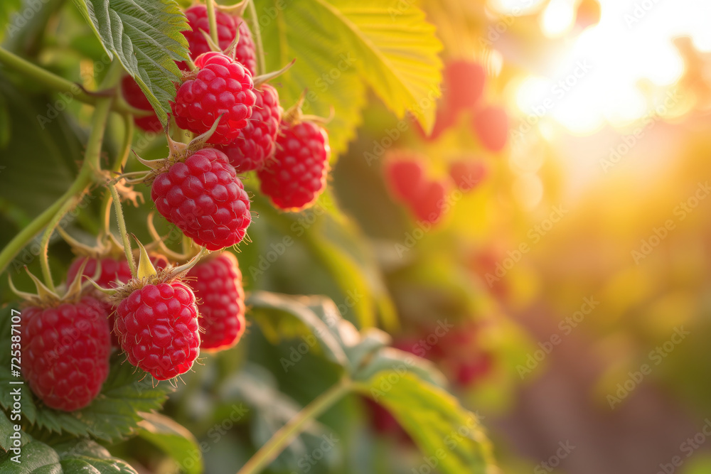 Sunrise over a picturesque raspberry orchard, showcasing perfect raspberries on a bush. Created with Generative AI technology