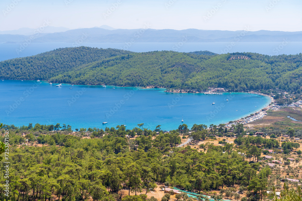 amazing view of Datca, Mugla. Paradise bay; blue sea and green tree forest