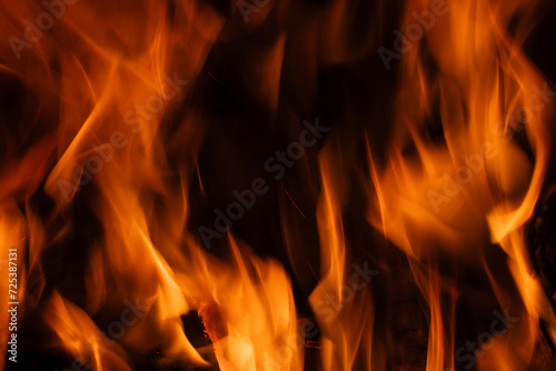 Raging orange flames of fire. Burning wood in the furnace. Bright flames devour the wood. Creative orange apocalyptic background. Exothermic reaction of wood substances with oxygen in the air.