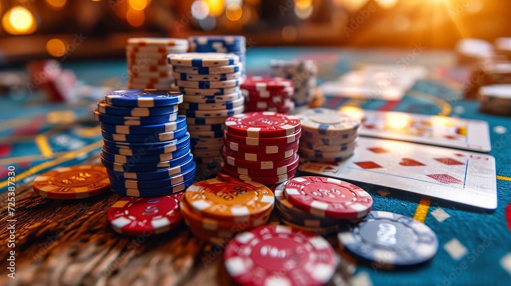 Close-Up of Casino Tokens and Cards on a Table With Blurred Background Close-Up of Casino Tokens and Cards on a Table With Blurred Background